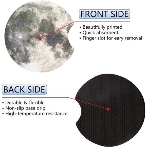 Moon Car Cup Coasters Space Image 2-Pack Cup Holder Anti Slip Rubber Vehicle - Picture 3 of 7